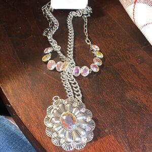Silver Floral Pendant Necklace with Iridescent Accents